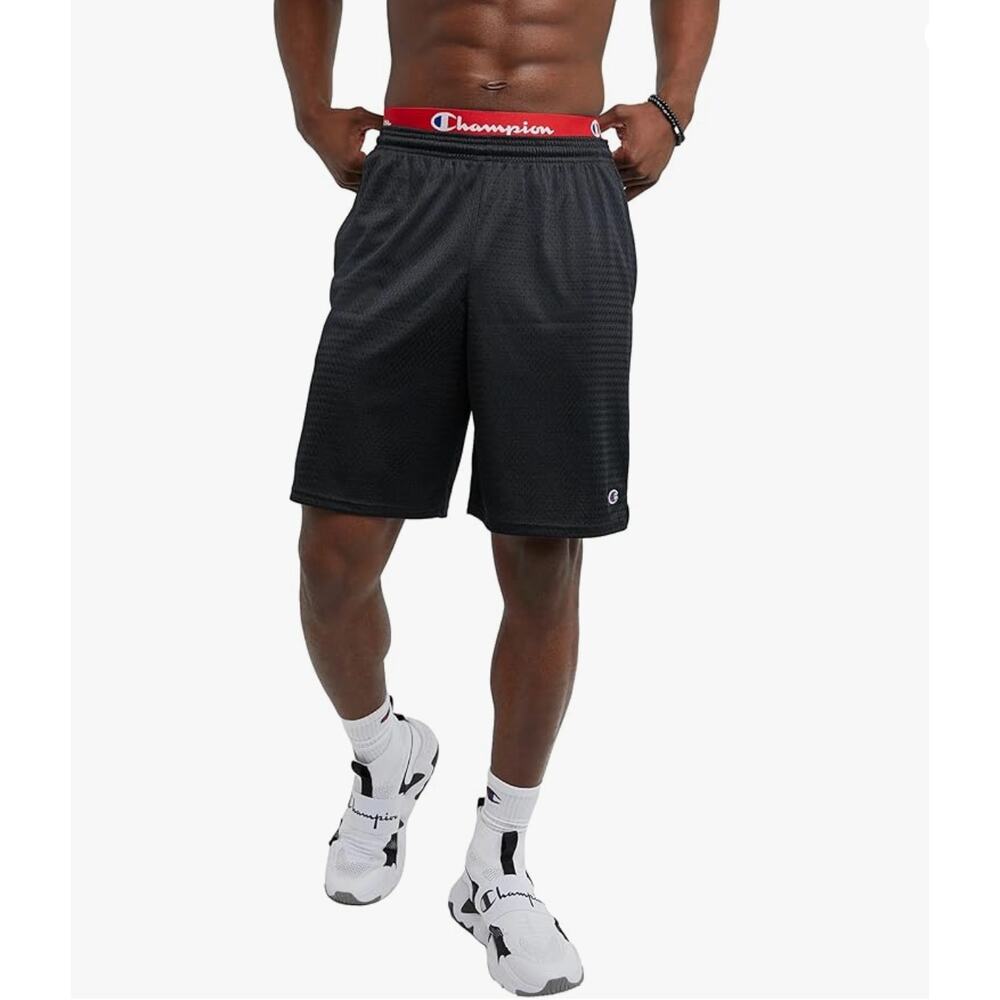 Men's Champion Iconic Mesh 9' Black Shorts Breathable Pockets Drawstring Sz XL